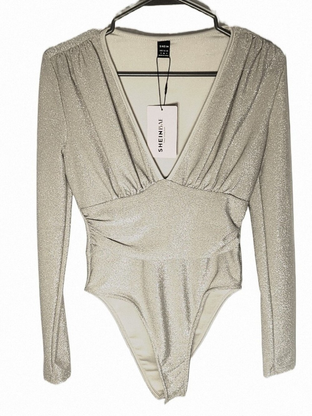 SHEIN NWT Champagne Gold Metallic Glitter Plunge Long Sleeve Bodysuit Size S